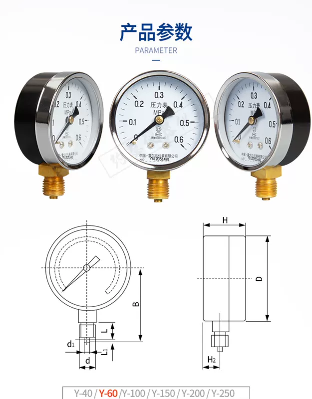 Relda Y-60 thông thường đồng hồ đo áp suất 0-1.6MPa chân không áp suất âm đồng hồ đo áp suất nước 10kg khí đồng hồ đo áp suất dầu 40MP