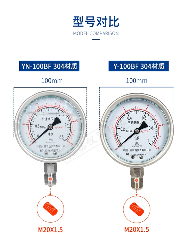 Đồng hồ đo áp suất bằng thép không gỉ Y100BF YN100BF 0-0.6/1/1.6Mpa đồng hồ đo áp suất nồi hơi chống sốc