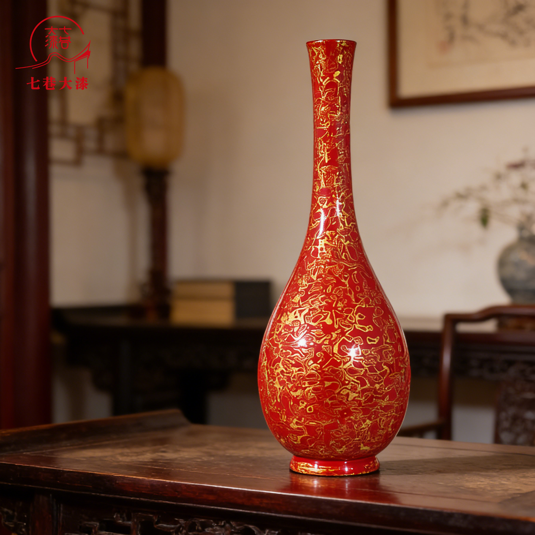 七巷大漆花瓶福州犀皮漆中式风格脱胎漆器工艺品红金观鱼-Taobao-Tmall