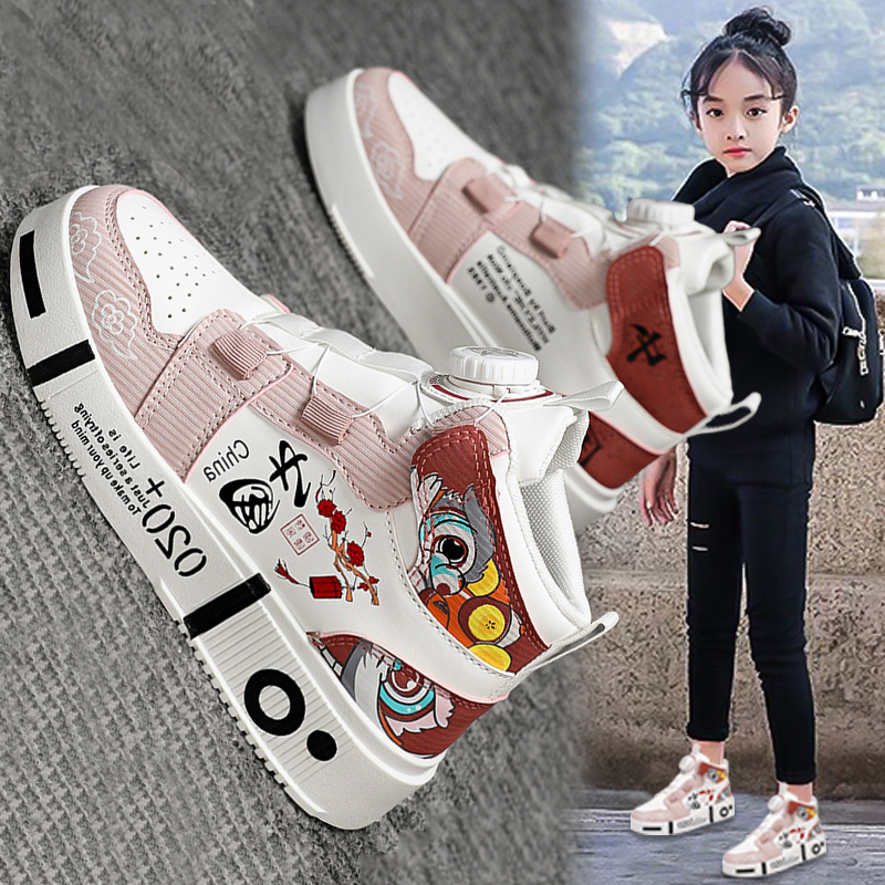 Girls' Sports Shoes 2026 New Spring and Summer Model with Rotary Buckle, High-Top Twist Sneakers for Junior High School Students, Big Girls' Sneakers