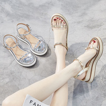 Slope heels sandals female 2021 summer ins tide New Wild fairy style with skirt fashion thick bottom transparent