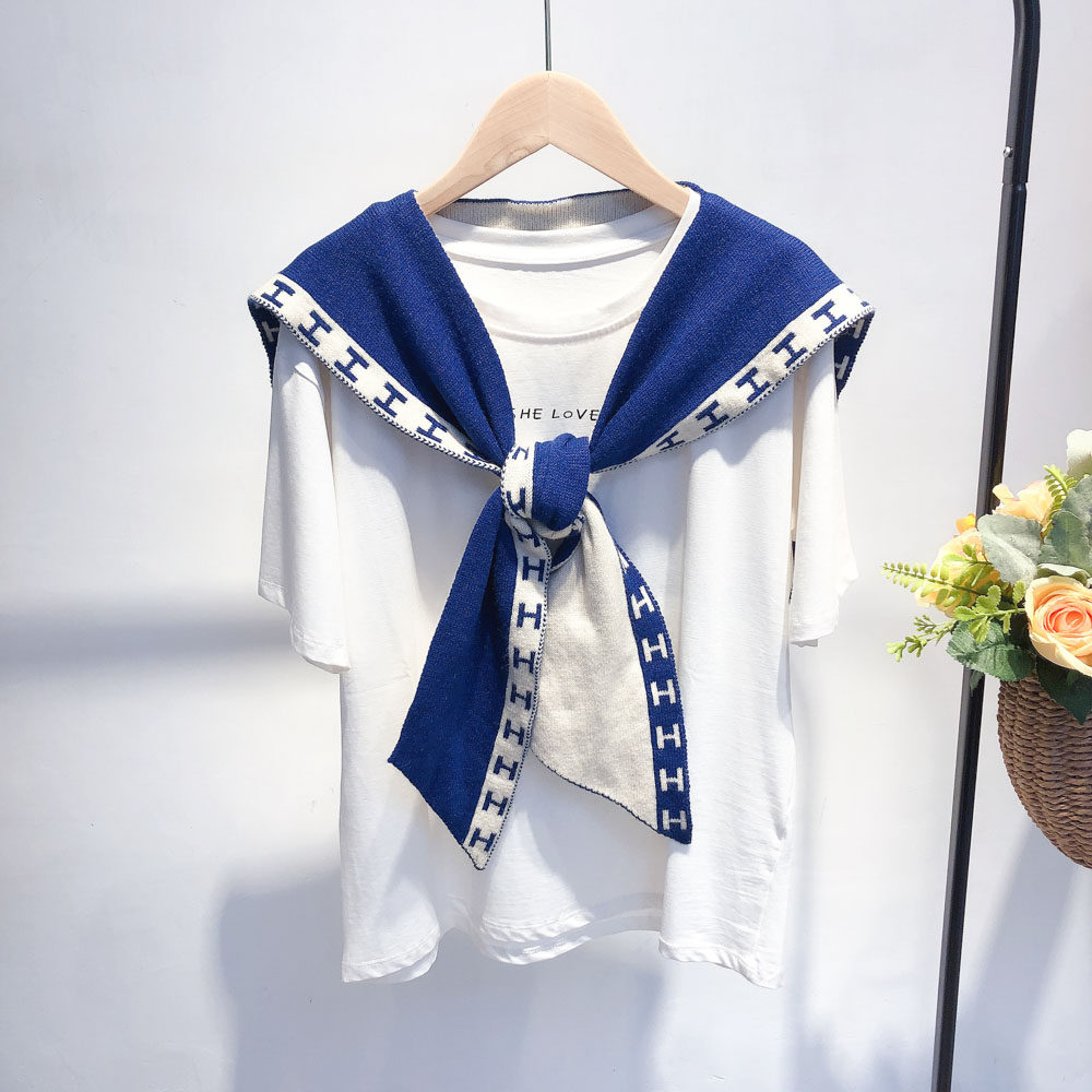 Double-sided solid-color knitted scarf women's woolen shawl spring and autumn outer wear scarf fake collar air-conditioned room waistcoat knotted shoulder