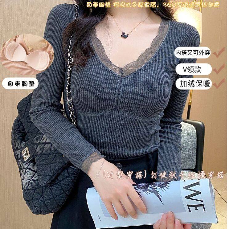 Fuguihu Women's Winter Thermal Top with Fleece Lining, Thickened with Chest Pads, V-Neck Undershirt, Slim Fit Long Sleeve Base Layer