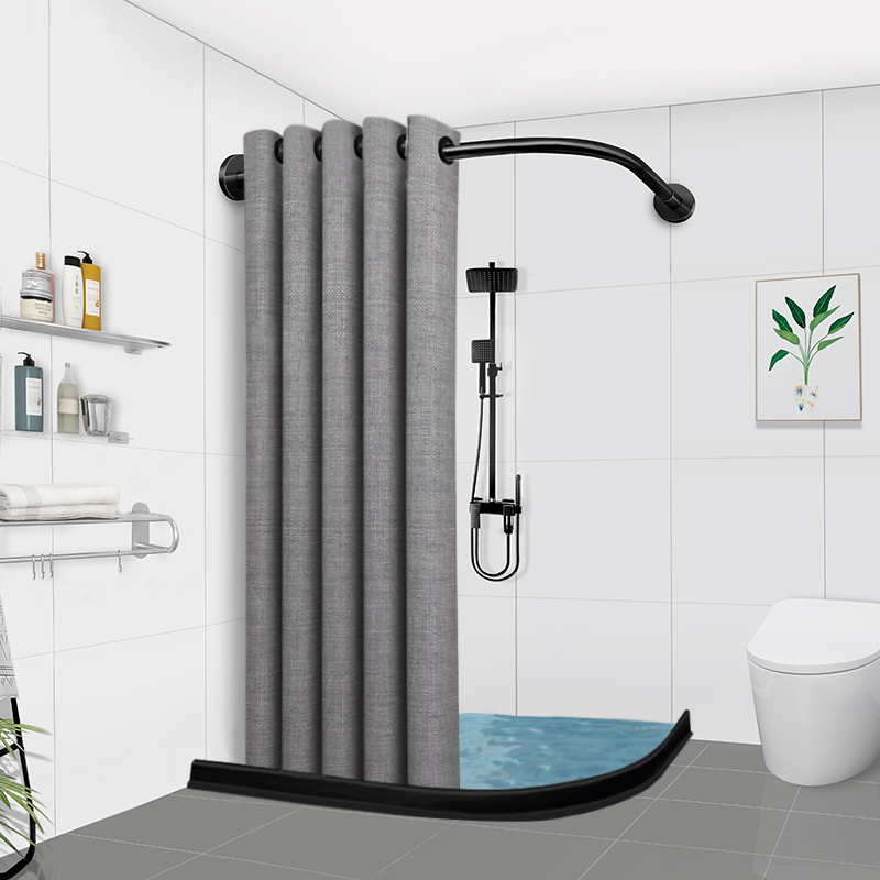 Curved Shower Curtain Set for Bathroom Partition, No-Drill Installation, L-Shaped Magnetic Dry and Wet Separation Waterproof Fabric for Shower Room