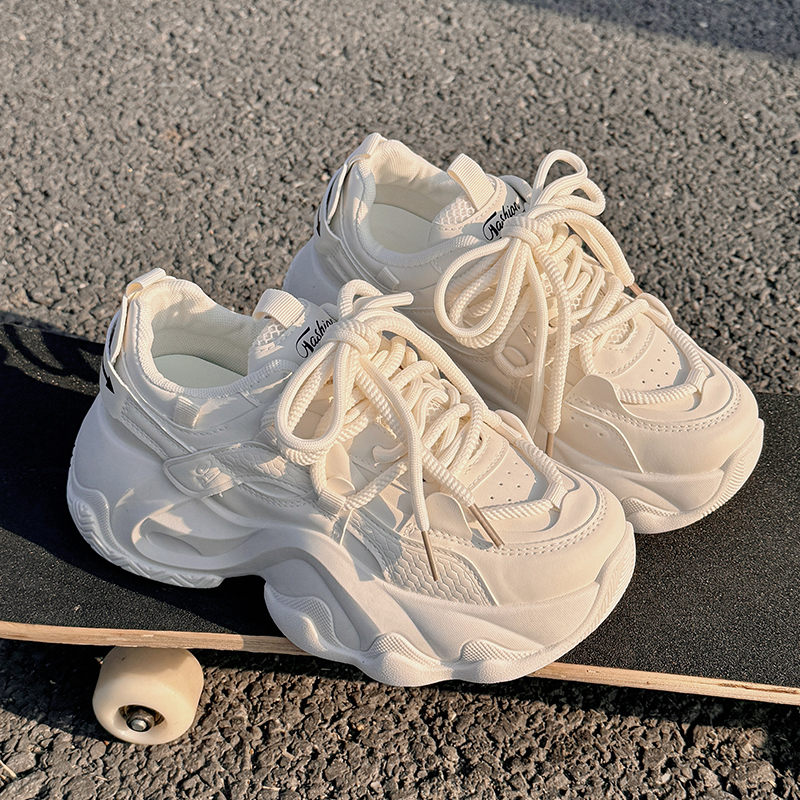 Mktkm Fleece-Lined Dad Shoes for Women 2024 New Autumn and Winter Cotton Shoes Thick-Soled White Shoes Versatile Chic Casual Shoes