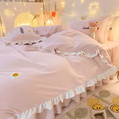 Korean love style sweet smile towel embroidered light powder bed skirt four sets lace quilt cover sheets bed hats three sets