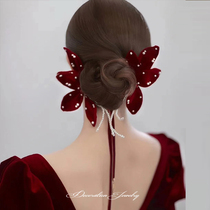New Bride Wedding Toast to the Wine Red Velvety Fabric Hair Clip Chinese Wedding Butterfly Knots to the clip