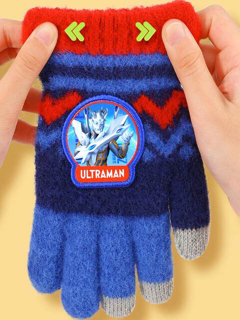 Ultraman children's gloves to keep warm in winter for boys and children, five-finger flip cover for primary school students to ride in the cold