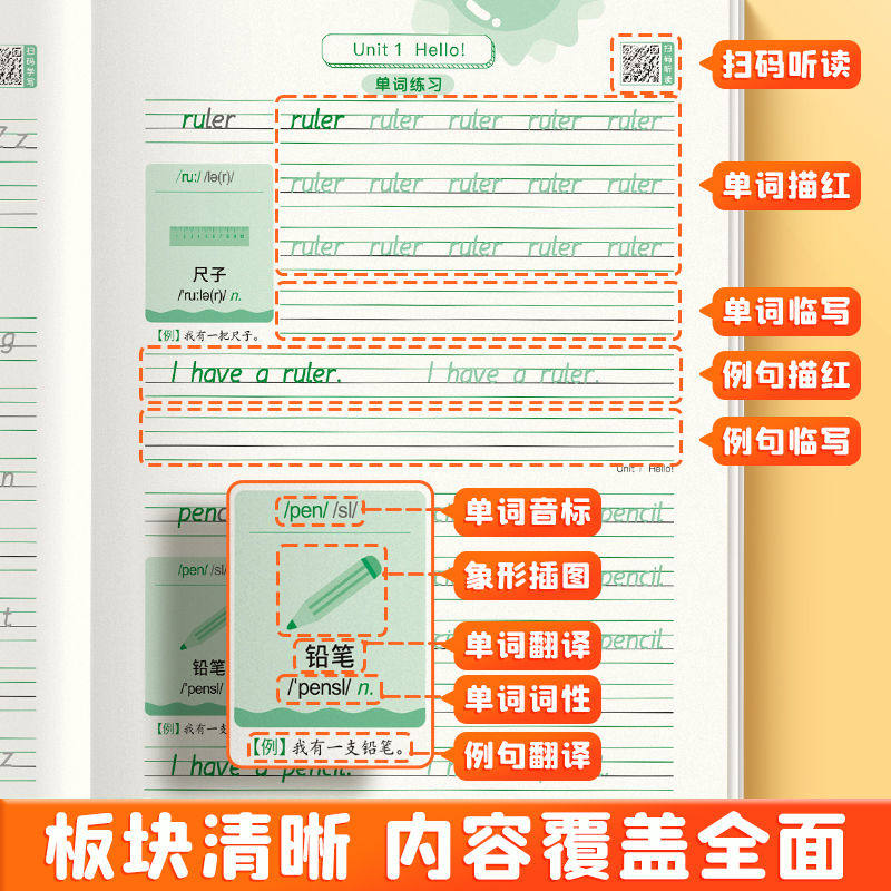 Hengshui Style English Handwriting Copybook for Primary School Third Grade First and Second Semester, Synchronized with the People's Education Press (Pep) Version, Suitable for Grades Three to Six, Horizontal Style English Calligraphy Copybook for Primary School Students, Alphabet, Words, Phrases, Sentence Making, Dictation, Dictation Practice, Handwriting Practice Copybook