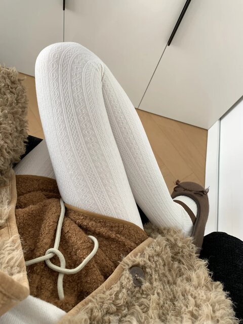 Autumn and Winter Milk White Pantyhose for Women, Jk Style, Thickened, Slimming, Thin Japanese-Style Cable Knit, Fleece-Lined Oatmeal Cotton Leggings