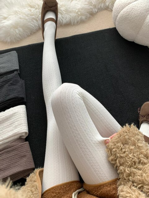 Autumn and Winter Milk White Pantyhose for Women, Jk Style, Thickened, Slimming, Thin Japanese-Style Cable Knit, Fleece-Lined Oatmeal Cotton Leggings