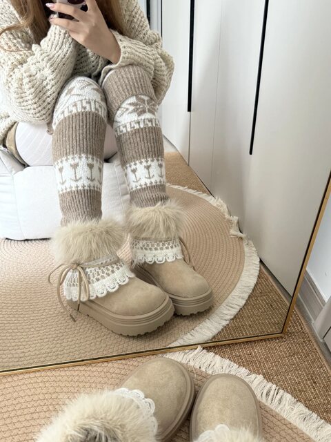 Sock Covers for Women's Snow Boots, Autumn and Winter Khaki Fair Isle Slouch Socks, Warm and Thick Retro Calf Warmers