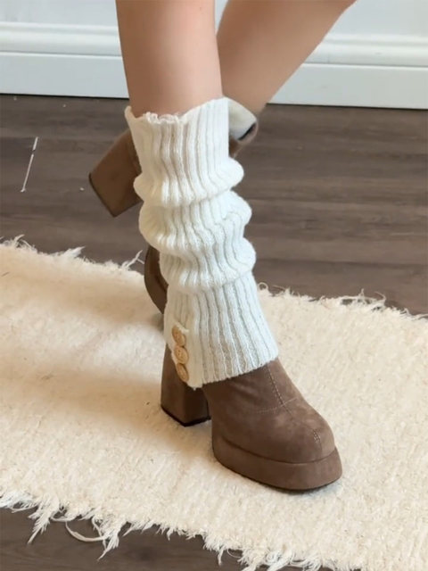 White Slouchy Socks for Women, Spring and Autumn, Knitted with Buttons, Vertical Stripes, Split Design, Warm Leg Warmers, Black Slimming Calf Socks, Winter