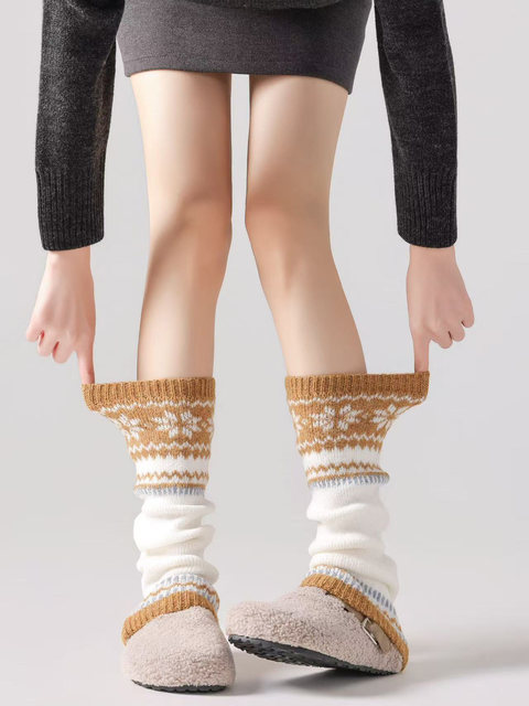 Gray Fair Isle Wool Slouch Socks for Women, Autumn and Winter 2025 New Vintage Slimming Thickened Snow Boot Leg Warmers