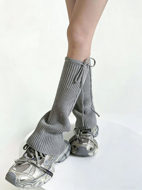 Autumn and Winter Solid Color Lace-Up Bow Micro-Flared Knit Stacked Socks Snow Boot Leg Warmers Layered Calf Socks Jk