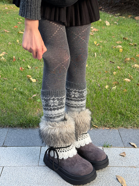 Gray Fair Isle Wool Slouch Socks for Women, Autumn and Winter 2025 New Vintage Slimming Thickened Snow Boot Leg Warmers