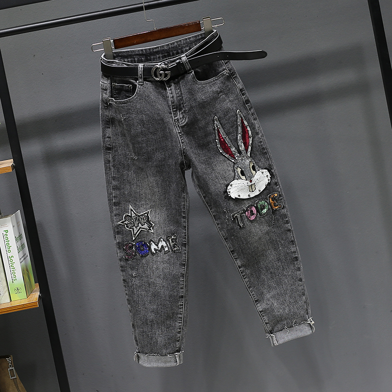 Picture Color Quality Version Issued On The Same DayEuropean goods 2021 spring and autumn Nail bead rabbit Haren pants female Korean version High waist easy Straight tube Show thin cowboy Little feet tide