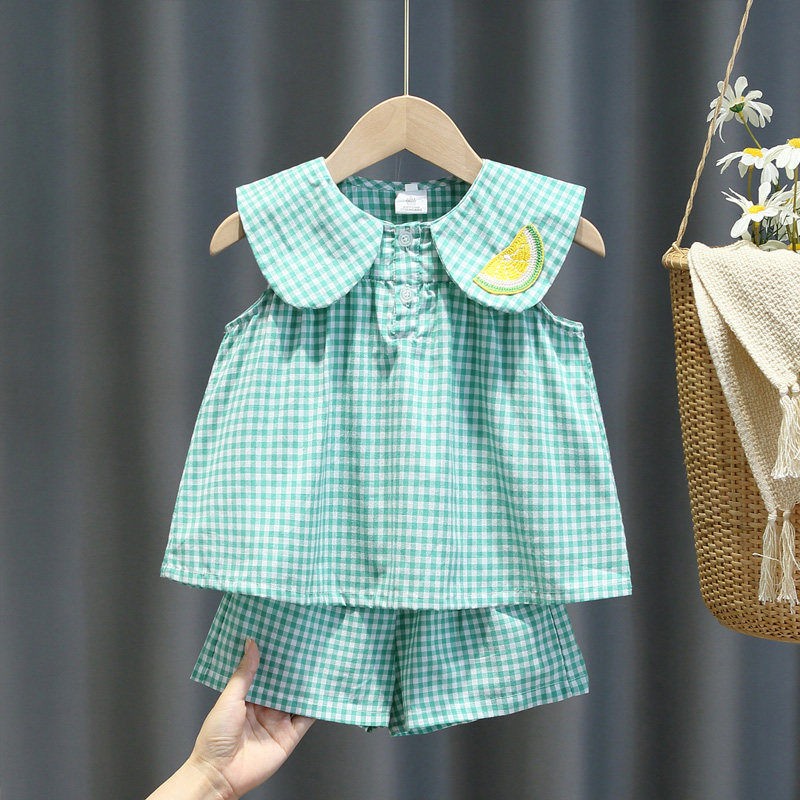 Female Baby Suit 2021 Summer Dress New Doll Collar Fruit Embroidered Plaid Women's Two-piece Style Suit
