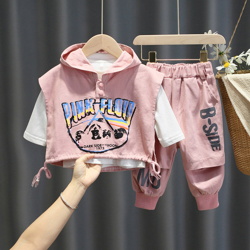 Female Baby Suit Autumn Clothing New Foreign Pie Small Children Casual Outfitting Vest Workwear Pants Three Sets Spring And Autumn Childlike Tide