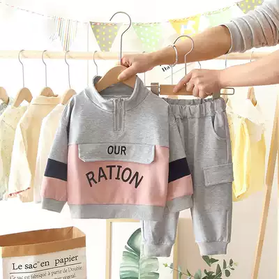 Baby girl sports suit 2021 spring new thick cotton T can open crotch trousers children's two-piece female baby Foreign pie