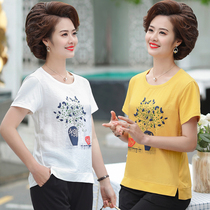 Middle-aged womens summer top short-sleeved T-shirt womens large size small shirt new 40-50 mother western style suit two-piece set
