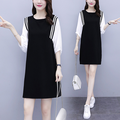 港风宽松遮肚雪纺拼接假两件连衣裙