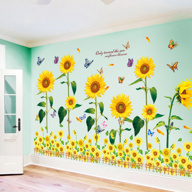 Sunflower Flowers Sticker Cozy Living Room Background Wall Stickup Bedroom Headboard Wallpaper Self-Glued 3d Solid Wall Sticker