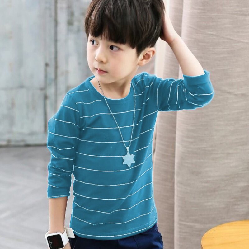 2021 spring children's clothing boys long-sleeved T-shirt spring and autumn new middle and big children's tops pure cotton striped round neck - Taobao