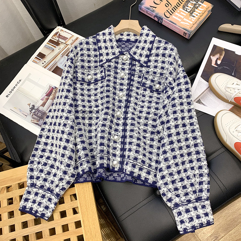 GCDVW025 A Shen French elegance ~ ladies blue and white plaid pearl buckle short coat women
