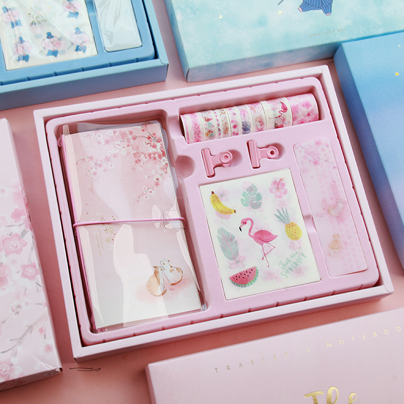 Ledger Box Set Red in Female Practical Ledger Bookbook Cute Young Carrier Student Cherry Blossom Thickness Notebook Cute Personality Portable Diary and Paper Tape Stickers