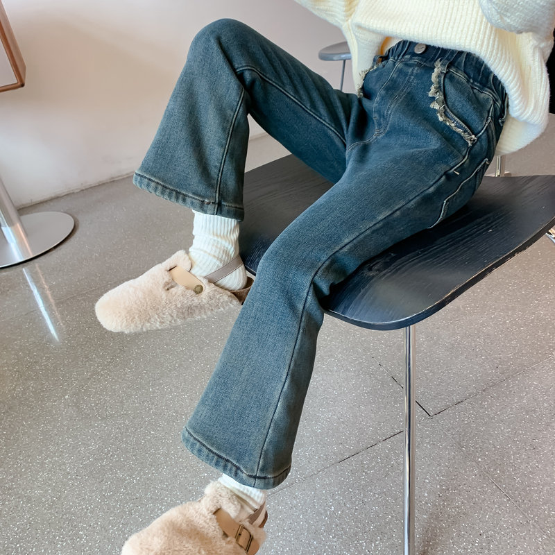 Girls' Autumn Jeans 2024 New Children's Style Korean Style Girls' Autumn and Winter Velvet Thickened Small Foot Pants