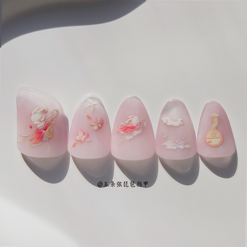 Five-String Pipa Finger Picks, Moon Rabbit Adhesive Tape, Children's and Adult Amateur Performance Pipa Finger Picks, 5 Pieces