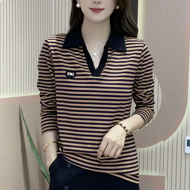 Collared t-shirt women's long-sleeved 2023 spring new fashion polo shirt foreign style small shirt mother's meat-covering striped top