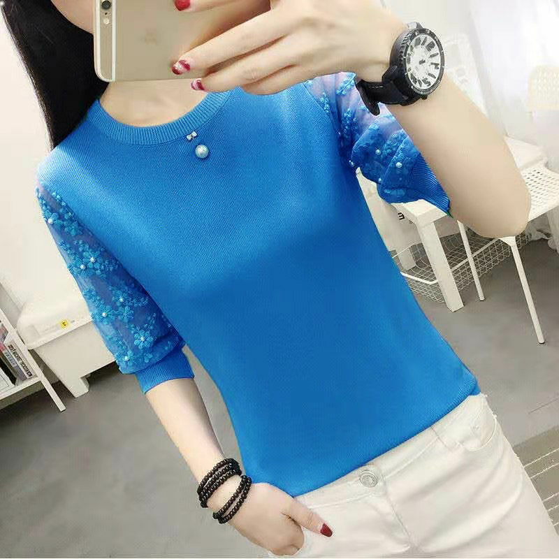 Ice silk short-sleeved t-shirt women's summer dress 2023 new trendy Korean version of all-match lace top knitted t-shirt women's thin section