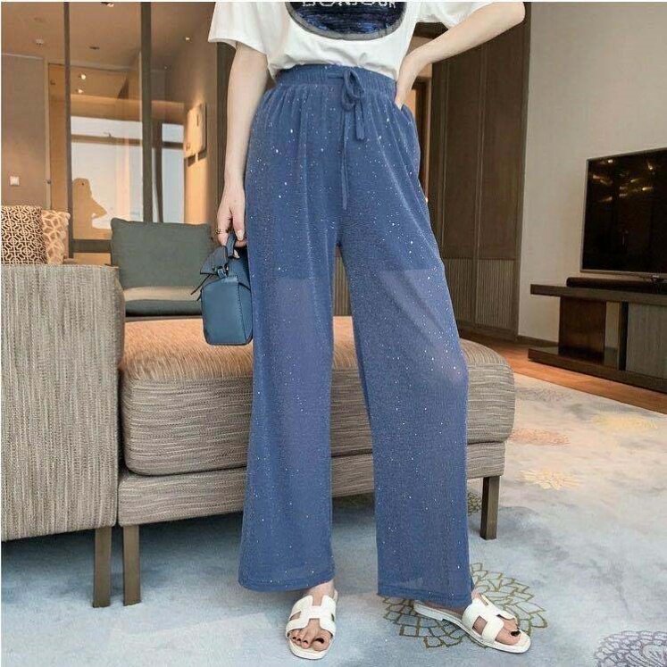 Semi - translucent star pants are a minimal 2020 ice wire broad legs high waist in loose pants large size