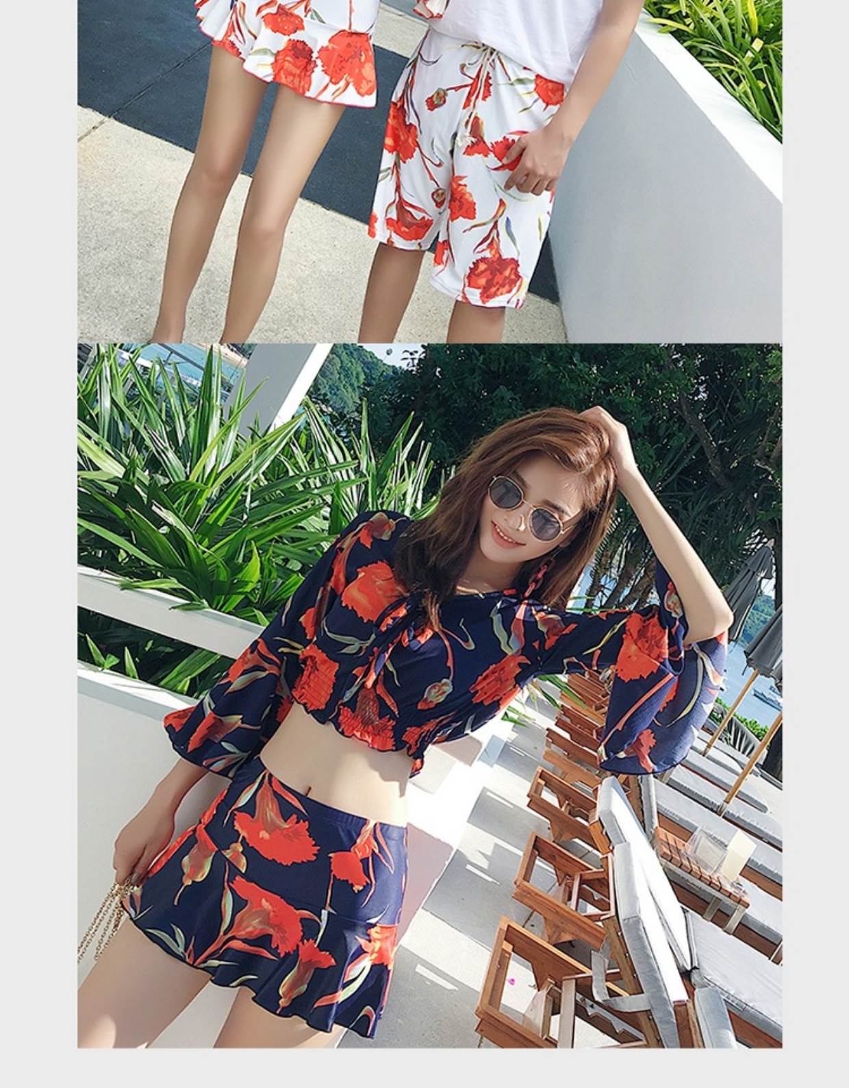 Đồ bơi kỳ nghỉ phù hợp với nữ chẻ thép hỗ trợ ngực nhỏ cặp vợ chồng ba mảnh quần đi biển - Vài đồ bơi 	đồ đôi đi biển màu xanh