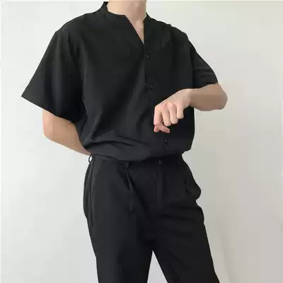 2020 spring new stand collar personality slim shirt men Korean trend gentleman handsome short sleeve shirt