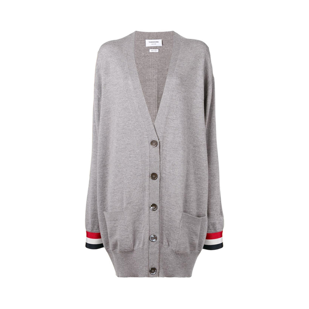 Thom Browne xám len cổ chữ V sọc quần áo phụ nữ thời trang trong dài đan áo khoác cardigan