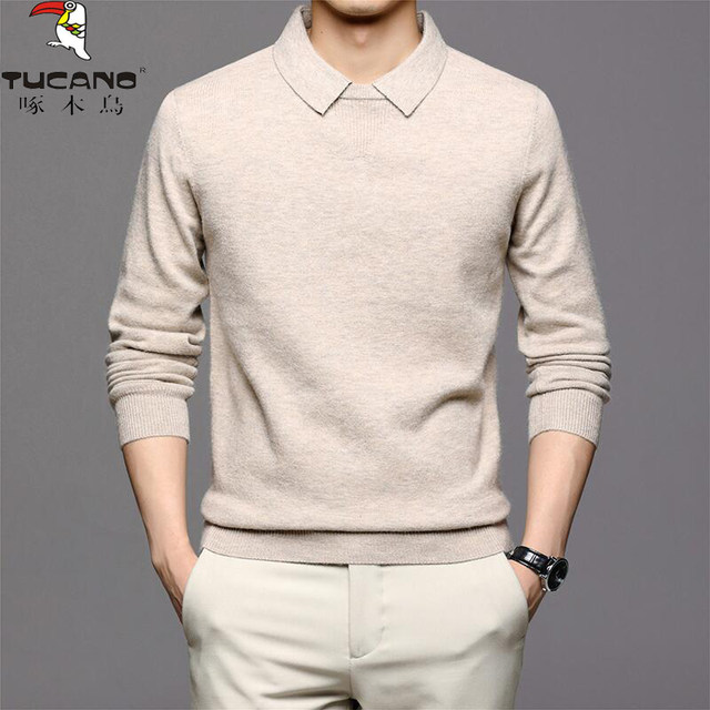 Woodpecker autumn and winter wool sweater knitted sweater men's fashion Korean version of the lapel cashmere sweater fake two-piece bottoming shirt tide