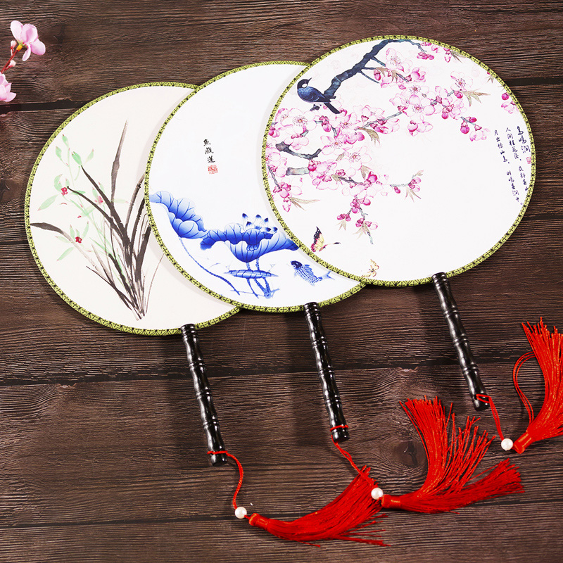 Chinese style palace fan female wooden handle Hanfu fan performance ancient style round fan dance fan classical performance Chinese style group fan