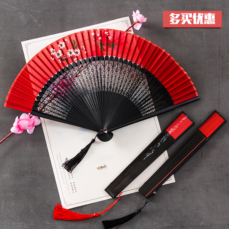 Good opening and closing large red Chinese windy fan-style fan dance Ancient windy Han clothes streaming Su qipao performance folding fan bone hollowed-out
