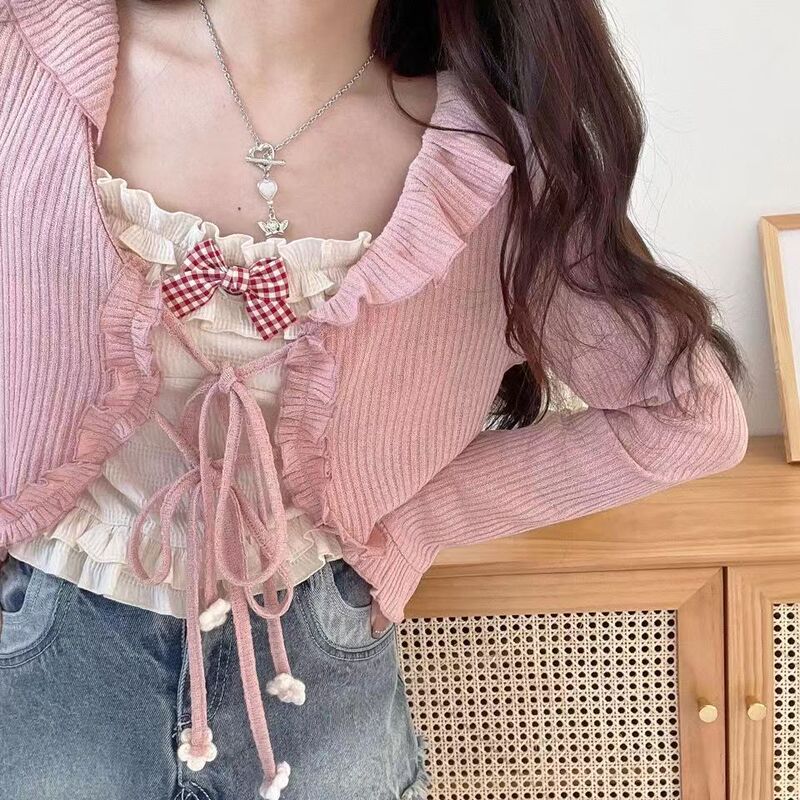 Pinkgirl【Sandwich Biscuit】Sweet Ruffled Tie-Up Cardigan Jacket with Bow Tie Short Top