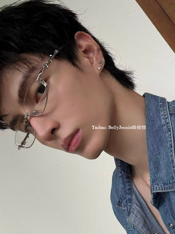 Yushi Same Style Vegetable Series Vert Folding Glasses Square Half-Frame Non-Prescription Glasses Silver Metal Can Be Customized with Prescription Trendy