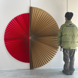 Red Origami Fan for New Year's Day Festival, Extra Large Semi-Circular Paper Fan, Wedding Background Decoration, Window Display Decoration