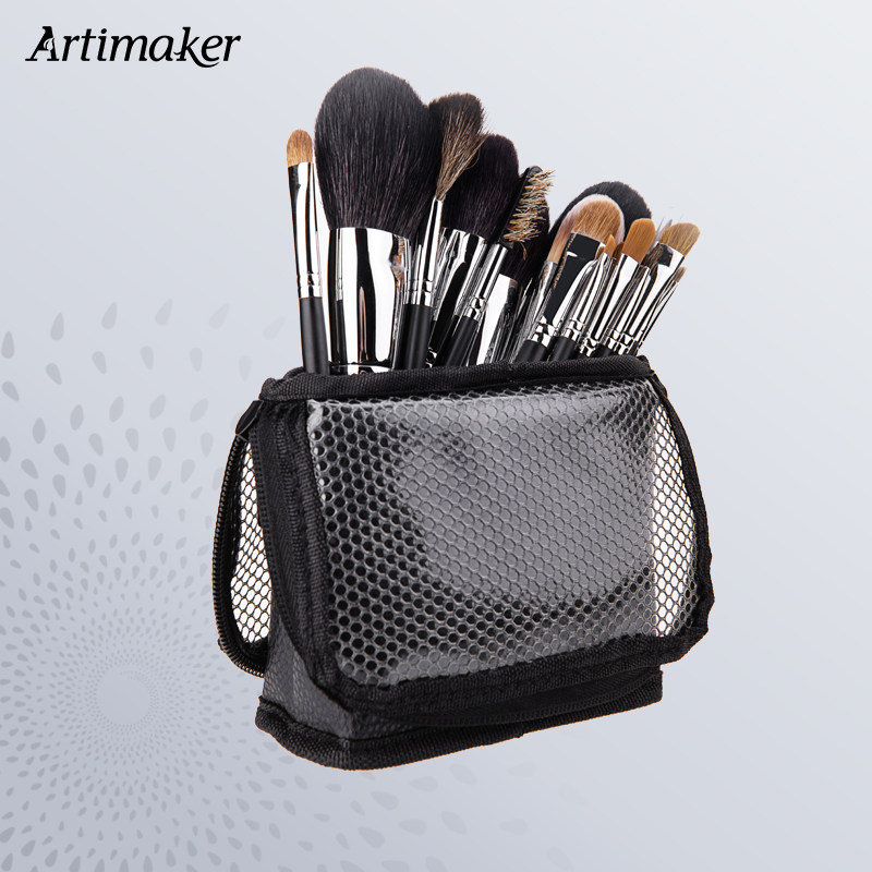 The stand-up brush storage bag can hold about 20 brushes in the bucket
