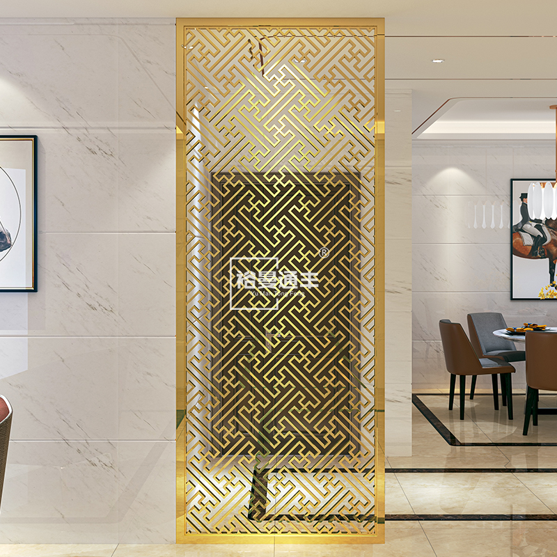Hotel Villa Living Room Light Luxurious New Chinese Entry Metal Flower Lattice Titanium Alloy Stainless Steel Screen Xuanguan Partition Custom