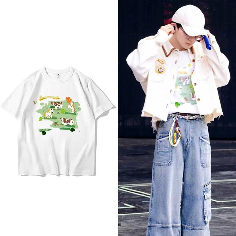 Zhou Shen's Rehearsal Outfit-Inspired Graffiti Grassland Pattern Printed Short-Sleeve T-Shirt, Unisex, Pure Cotton, Loose Fit, Couple's Top, Trendy