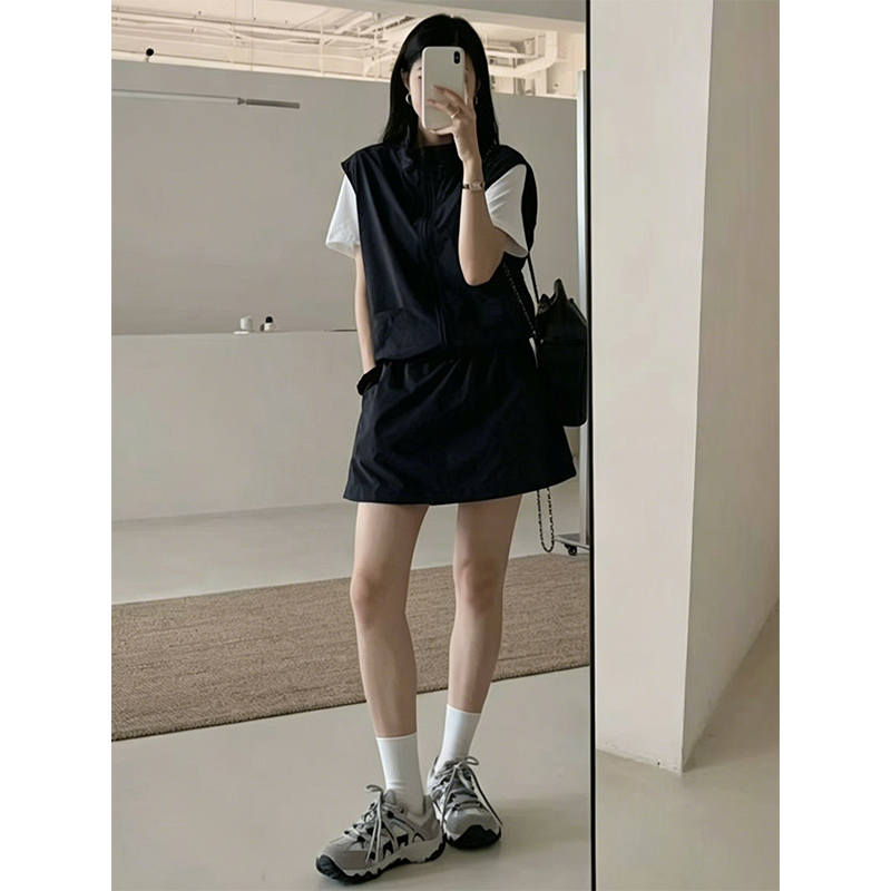 Navy Blue Casual Sporty Style Suit for Women 2026 Summer New Sleeveless Vest T-Shirt Skirt Three-Piece Set Trendy