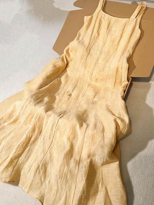 One Recommends! High-End Linen Slip Dress for Women, Spring and Summer Vintage Yellow Mid-Length Dress
