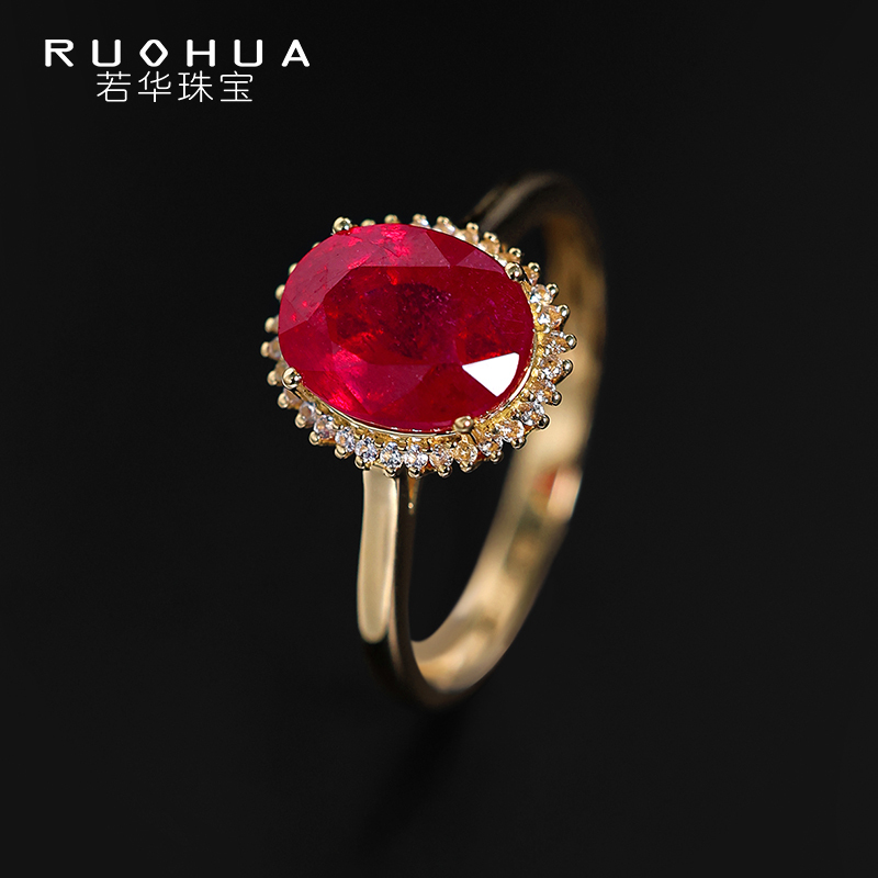 Ruohua Jewelry Princess Diana Large Ruby Ring 18K Gold Inlaid with White Sapphire Tail Ring Colorful Treasure Ring Gift